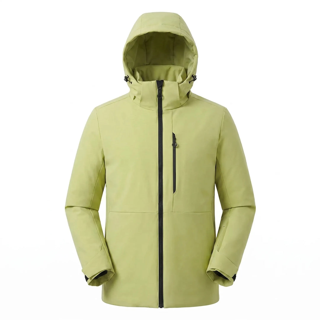 Side view of unisex hooded thermal jacket. Insulated windbreaker for hiking & camping, optimal outdoor gear.