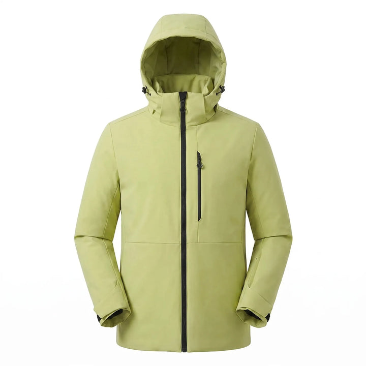 Side view of unisex hooded thermal jacket. Insulated windbreaker for hiking & camping, optimal outdoor gear.