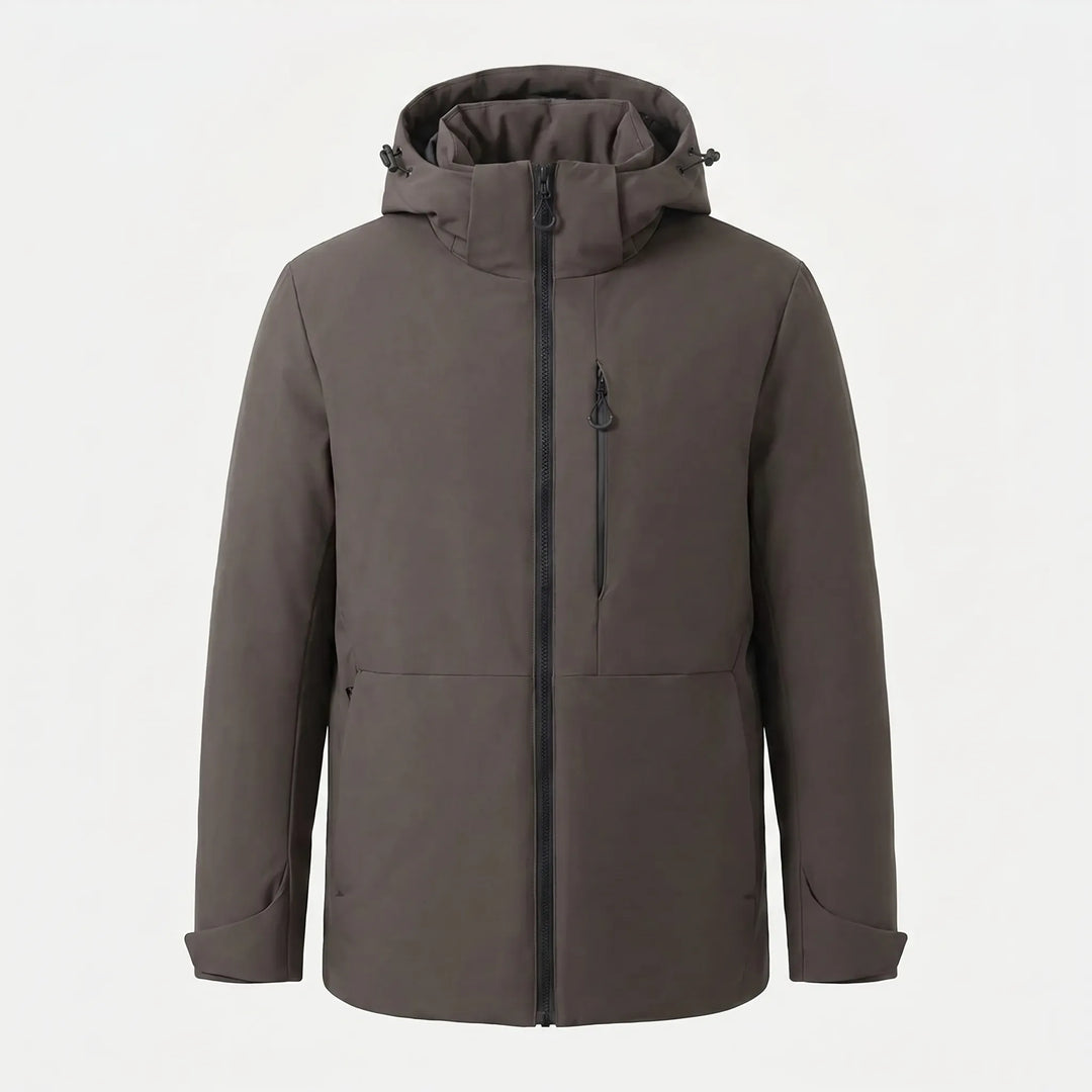 Back view of insulated unisex thermal windbreaker. Hooded winter coat for skiing, cold weather protection.
