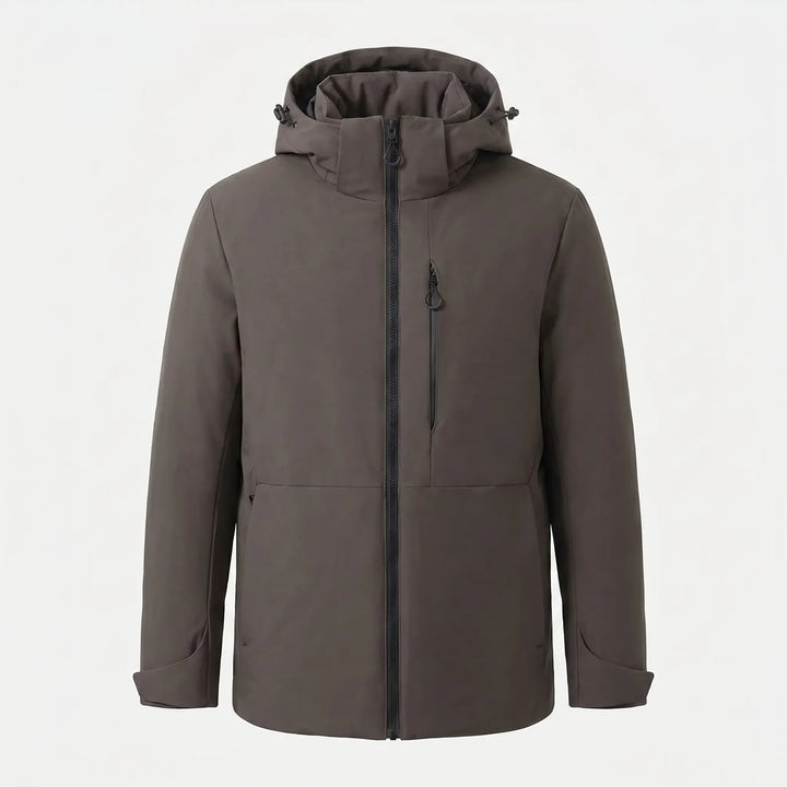 Back view of insulated unisex thermal windbreaker. Hooded winter coat for skiing, cold weather protection.