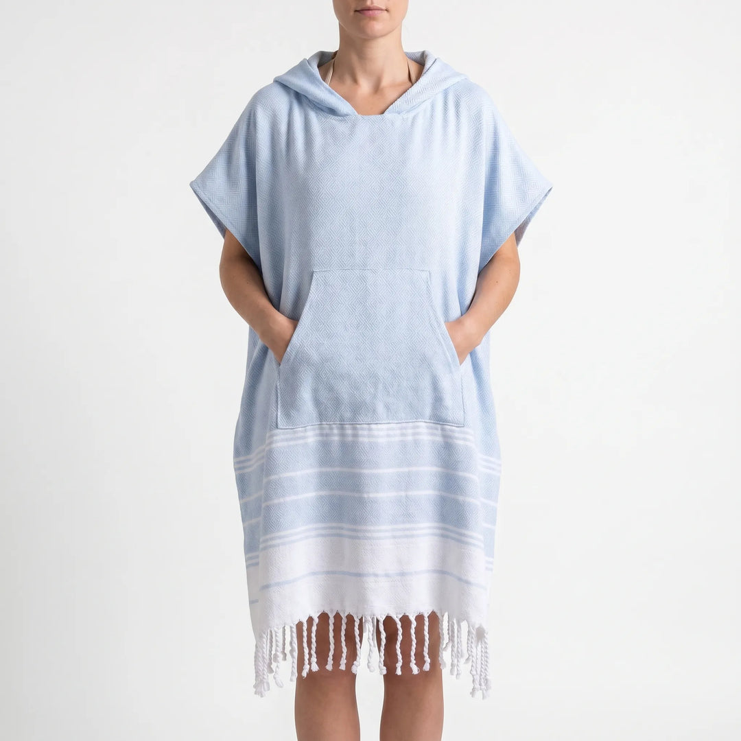 Sand-resistant hooded poncho towel. Effortless changing robe for beach, pool, water sports.