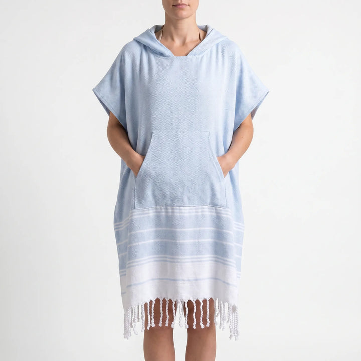Sand-resistant hooded poncho towel. Effortless changing robe for beach, pool, water sports.