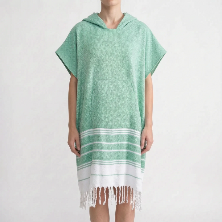 Lightweight, sand-resistant hooded towel poncho. Perfect for travel, beach, or gym changing.