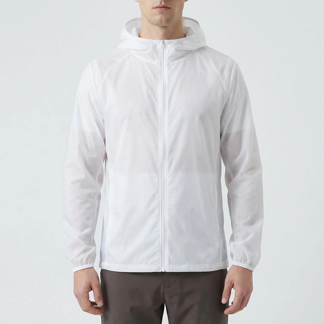 Unisex outdoor hooded jacket, water-resistant for hiking. Lightweight windbreaker activewear.