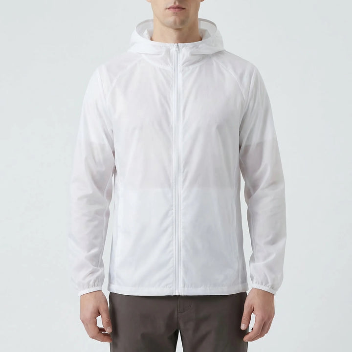 Unisex outdoor hooded jacket, water-resistant for hiking. Lightweight windbreaker activewear.
