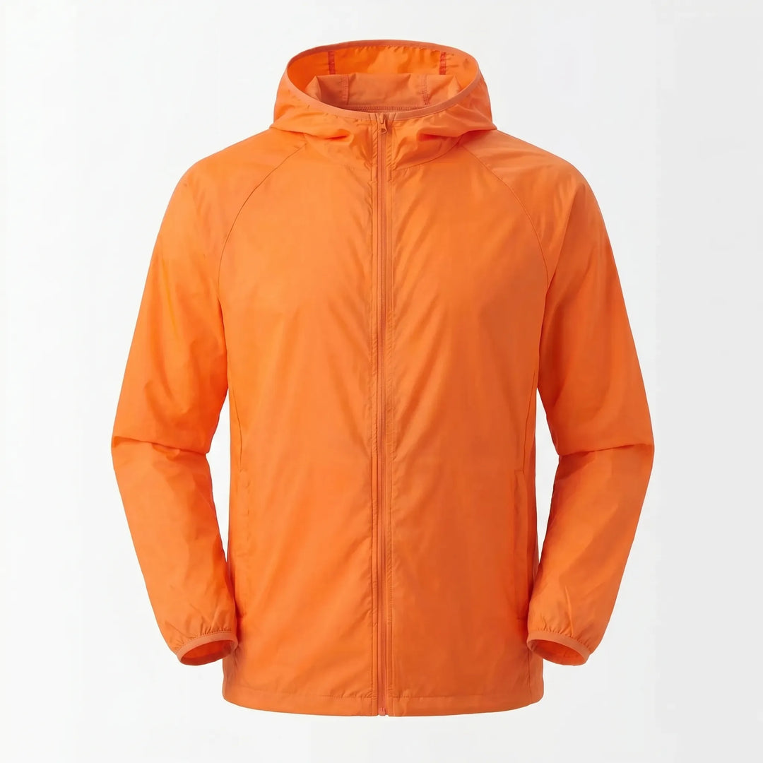 Hooded windbreaker for camping trips, lightweight & quick-dry. Unisex all-weather outdoor gear.
