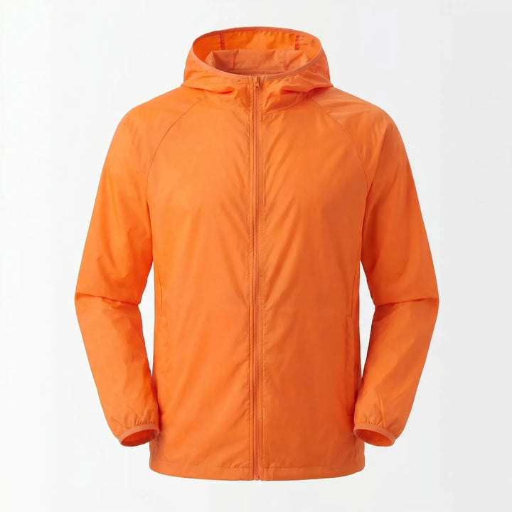 Hooded windbreaker for camping trips, lightweight & quick-dry. Unisex all-weather outdoor gear.
