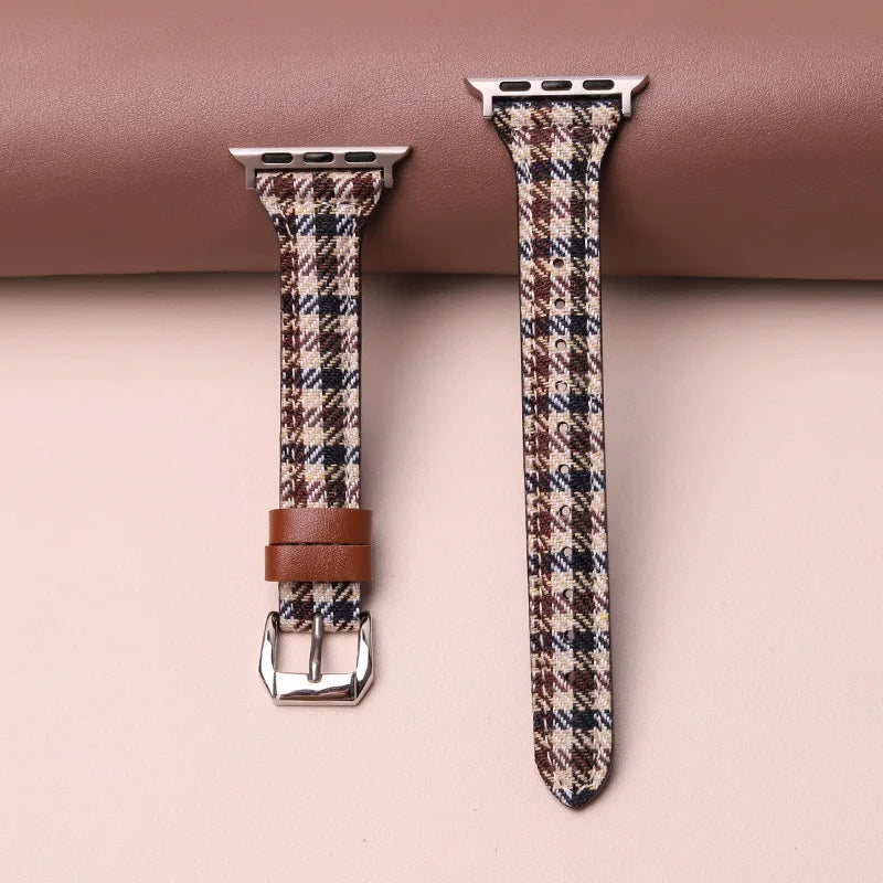 Brown houndstooth smartwatch band. Unisex coffee watch accessory with adjustable strap & comfortable classic fit.