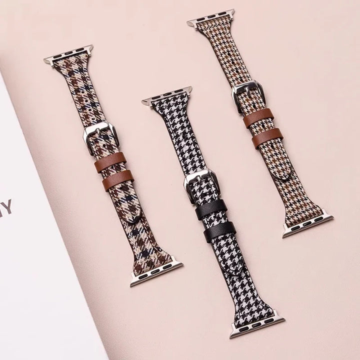 Versatile unisex houndstooth smartwatch band. Adjustable strap ensures a comfortable, modern fit for any wrist.