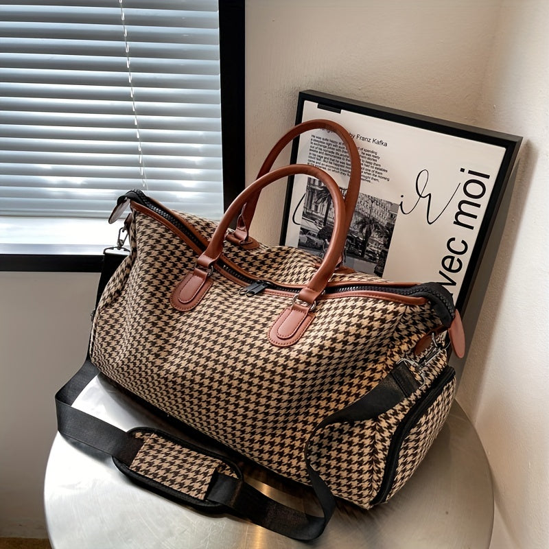 Unisex houndstooth weekender travel bag. Durable vegan leather carry-on luggage with a classic pattern.