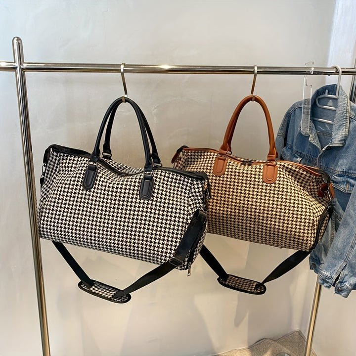 Practical unisex houndstooth weekender travel bag with ample space. Durable vegan leather carry-on luggage.