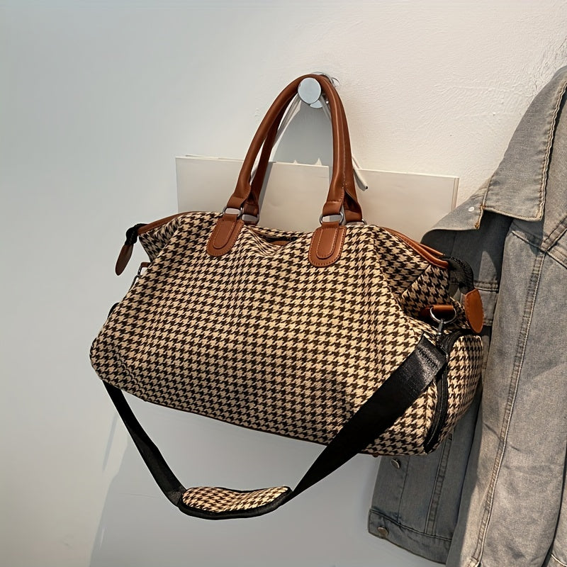 Spacious unisex houndstooth weekender travel bag for short trips. Durable vegan leather carry-on luggage.