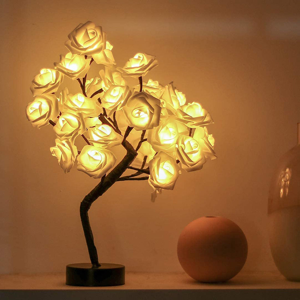 LumiRose LED rose tree lamp with soft, warm glow, perfect for bedroom or living room decoration.