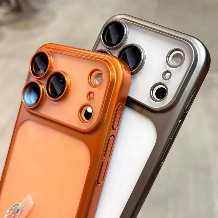 Impact-resistant unisex smartphone case with frosted aluminum finish, ensuring wireless charging and lens safety.