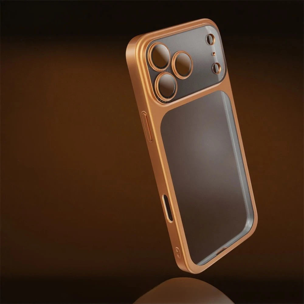 Slim aluminum smartphone case with a frosted finish, providing magnetic and impact-resistant protection.