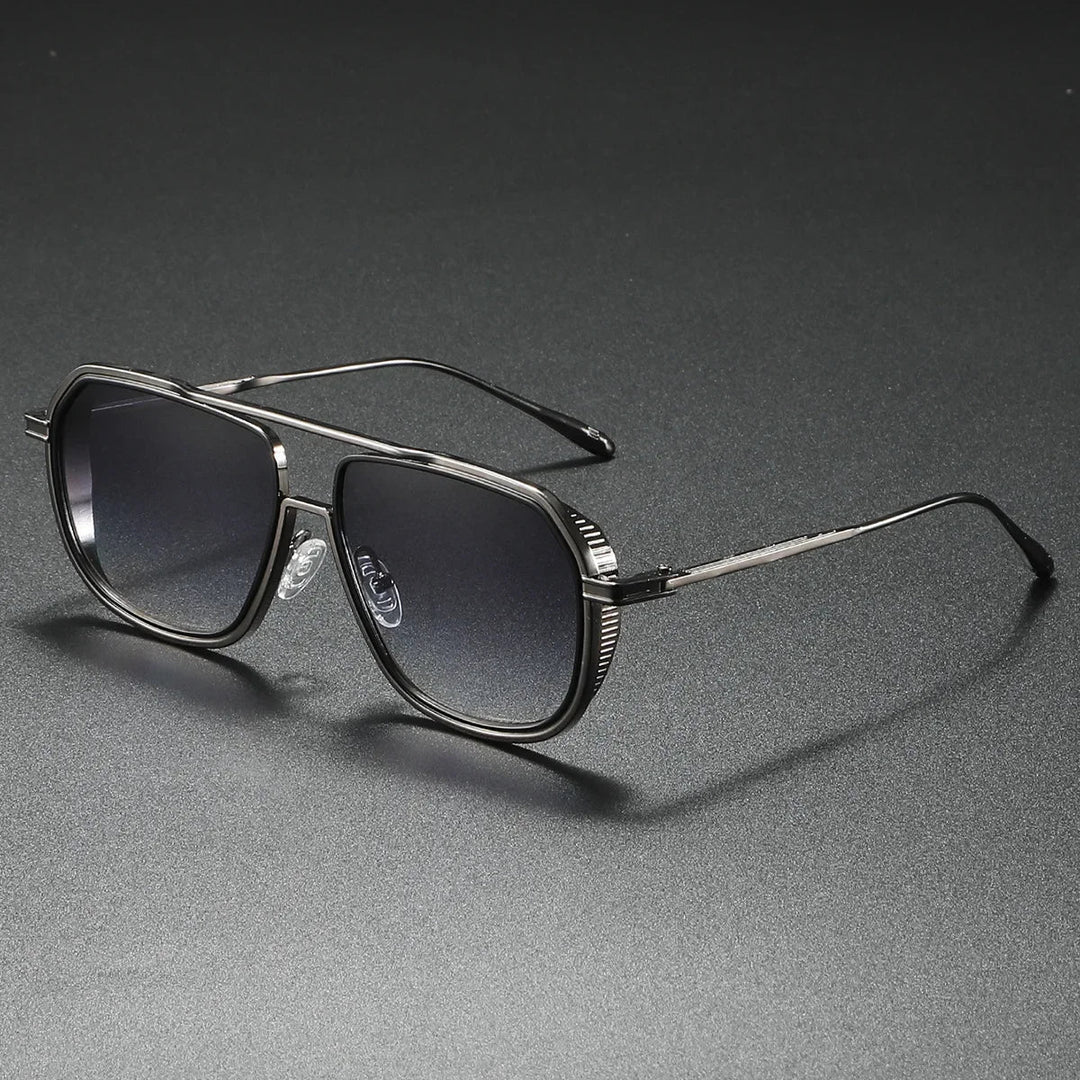 Close-up of Imperia gradient lens designer sunglasses. Unisex metal frame, UV400 protected sophisticated eyewear.