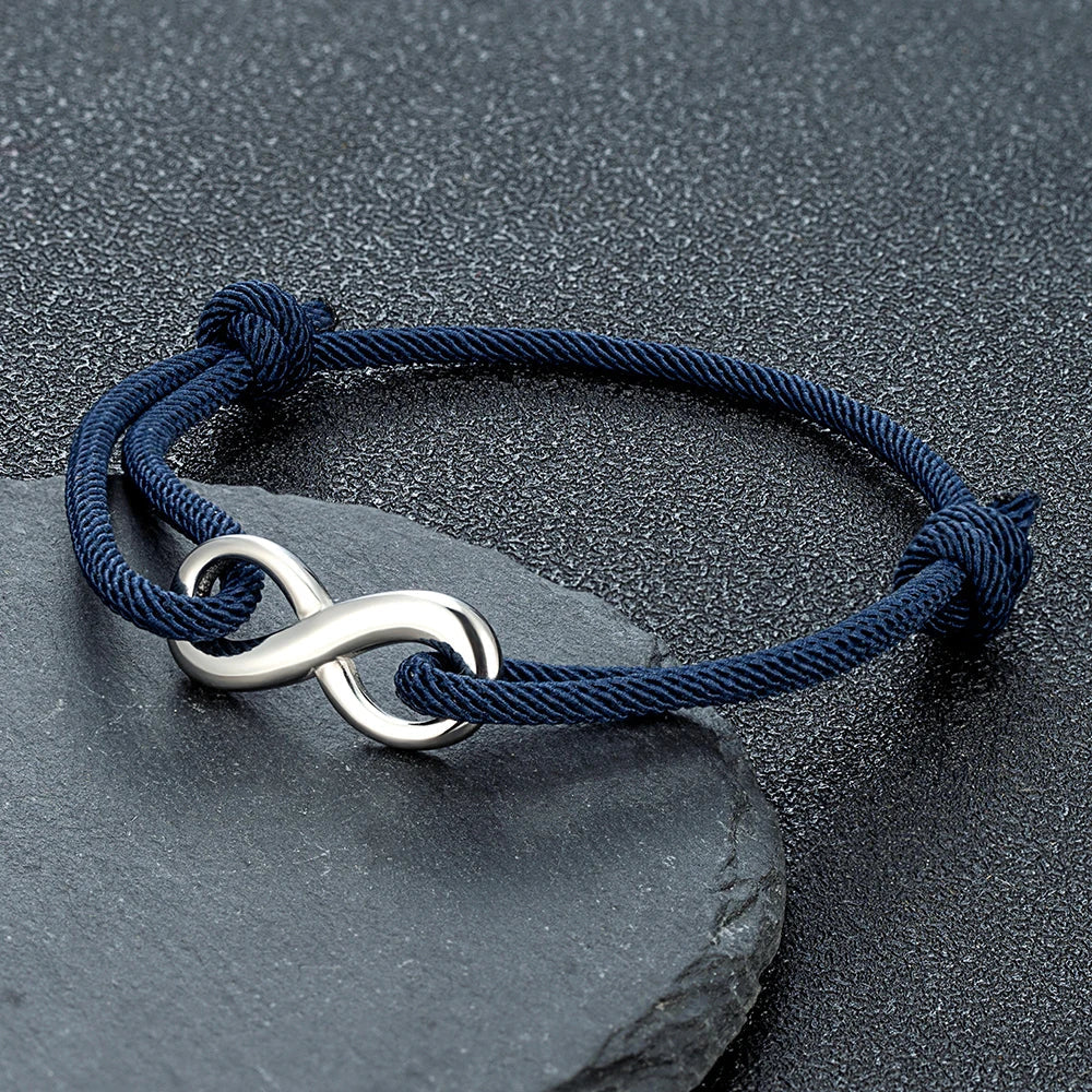 Unisex infinity cord bracelet, adjustable stainless steel for modern everyday wear.