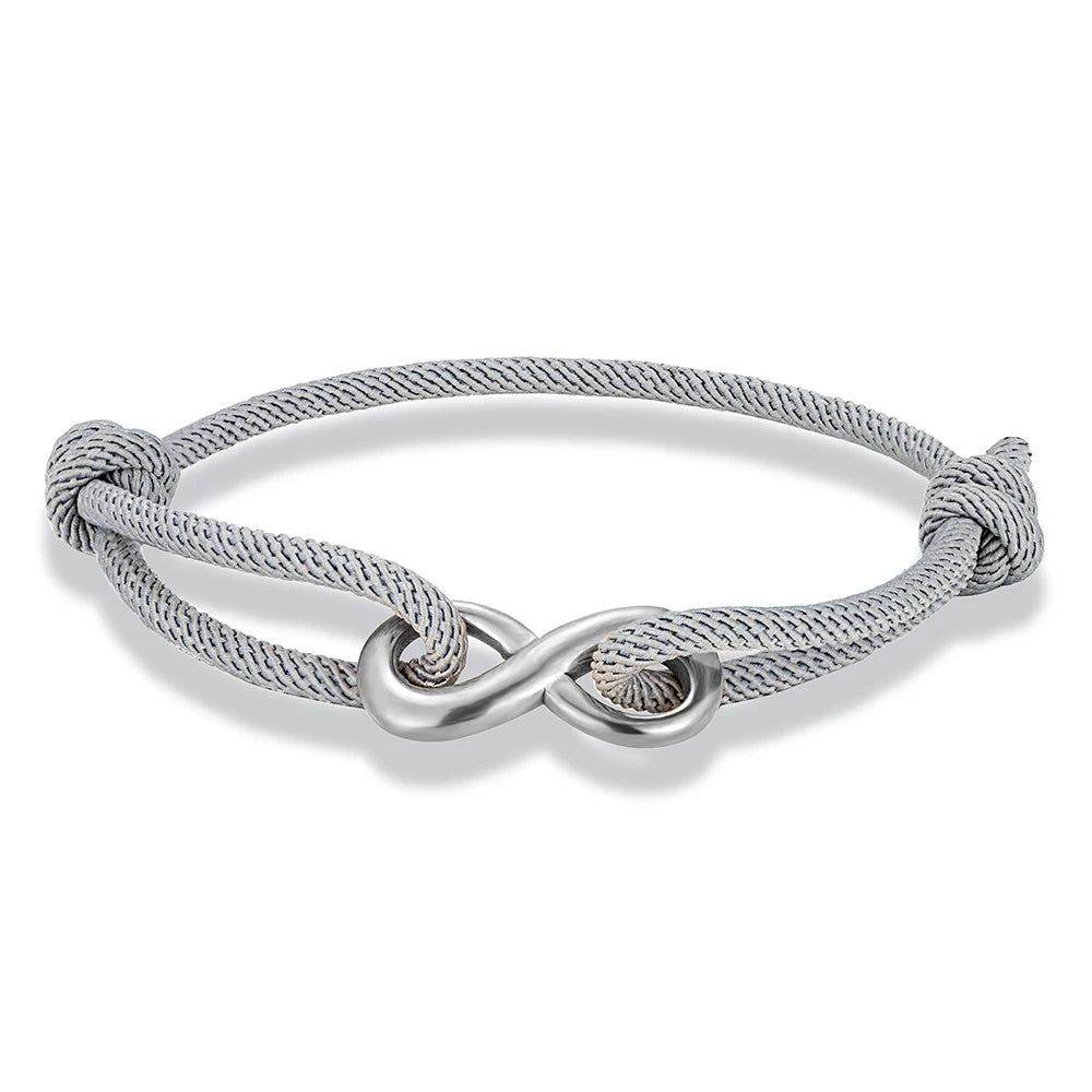 Sleek minimalist infinity cord bracelet, adjustable stainless steel; unisex jewelry for any occasion.