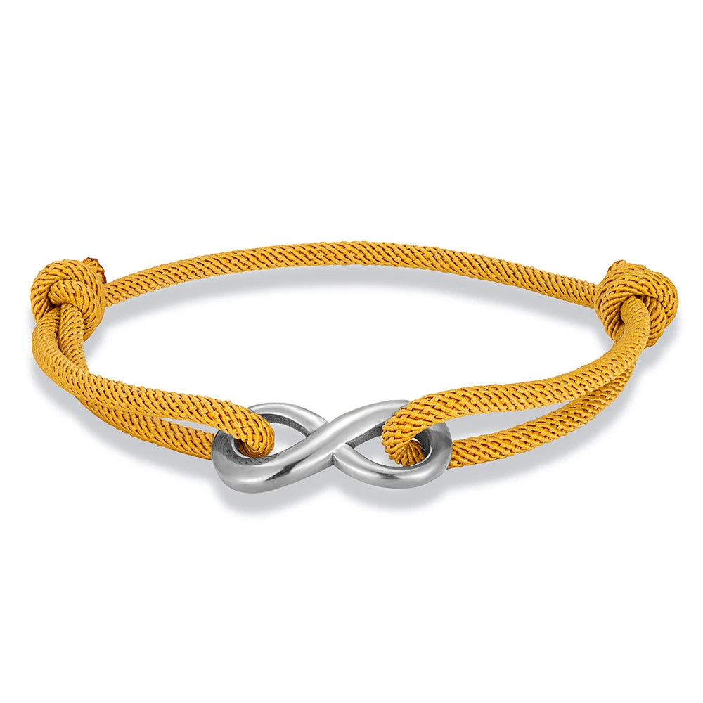 Durable stainless steel infinity cord bracelet, adjustable design for modern unisex accessory.
