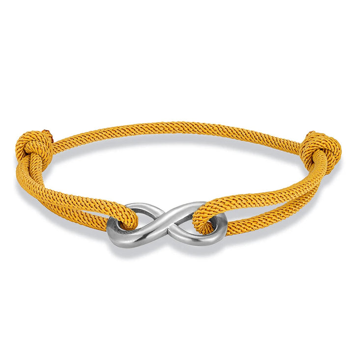 Durable stainless steel infinity cord bracelet, adjustable design for modern unisex accessory.
