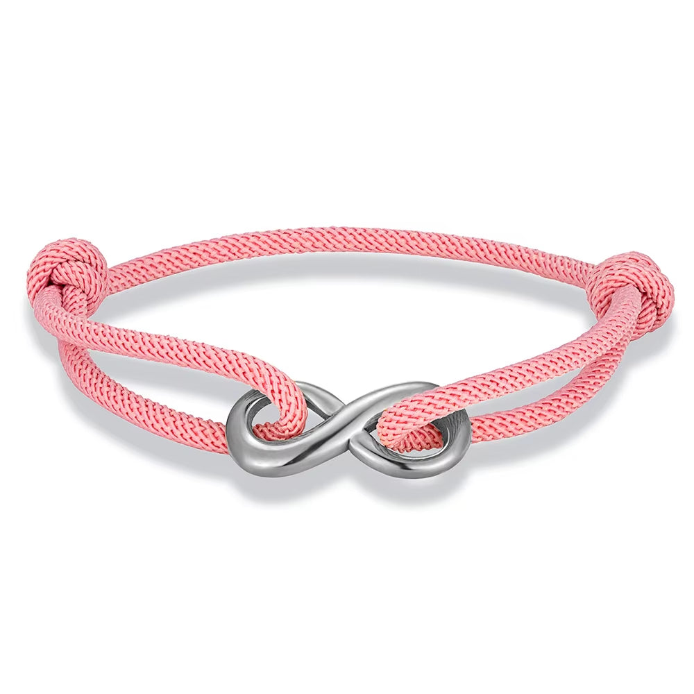 Unisex infinity cord bracelet, adjustable stainless steel; a modern minimalist connection accessory.