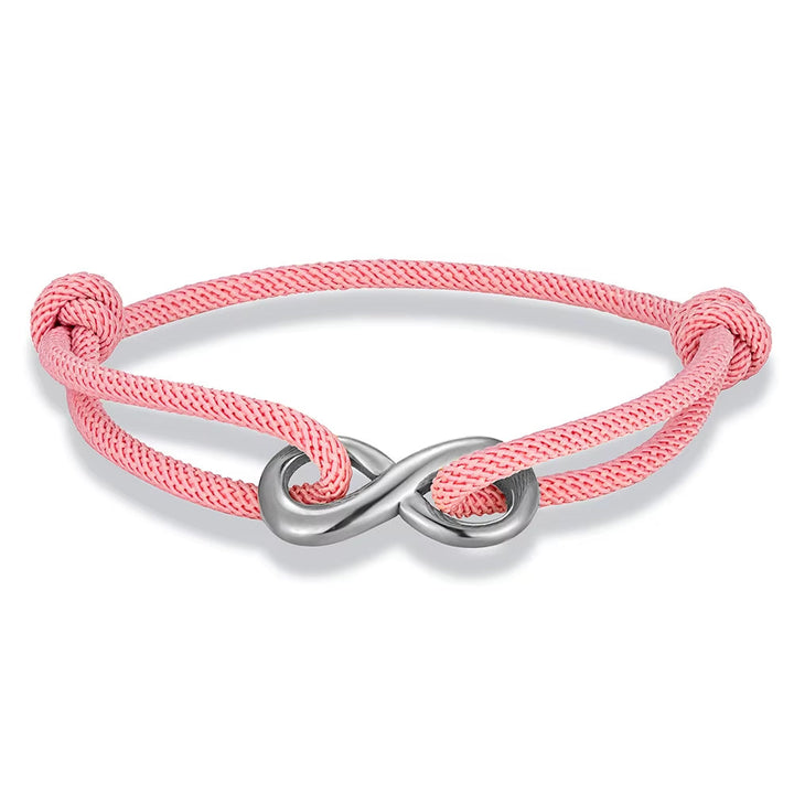 Unisex infinity cord bracelet, adjustable stainless steel; a modern minimalist connection accessory.