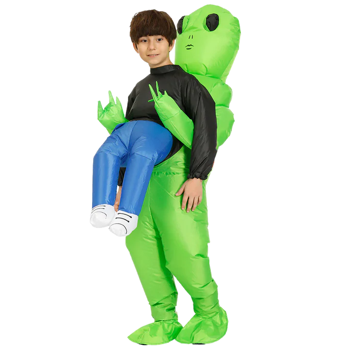Unisex inflatable alien abduction costume with a green alien 'abducting' a person. Perfect for Halloween parties.