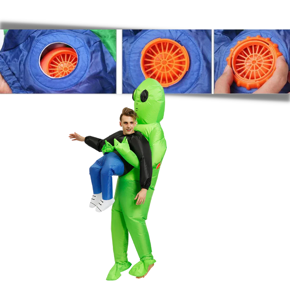 Detailed inflatable alien abduction costume showing a green alien carrying a human. Ideal for Halloween cosplay.