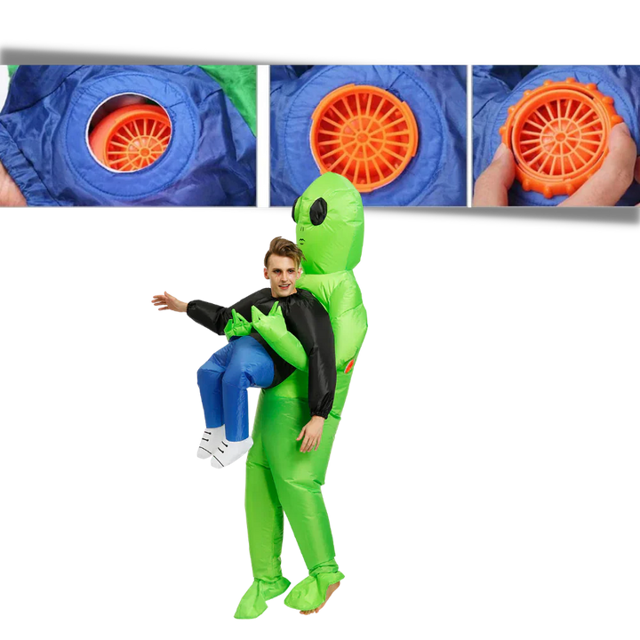 Detailed inflatable alien abduction costume showing a green alien carrying a human. Ideal for Halloween cosplay.