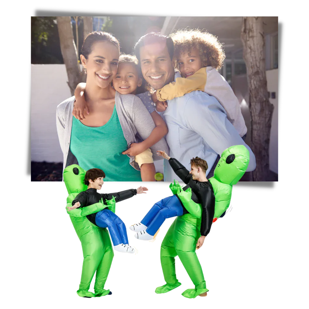 Full view of the unisex inflatable alien abduction costume, vibrant and ready for Halloween trick-or-treating fun.