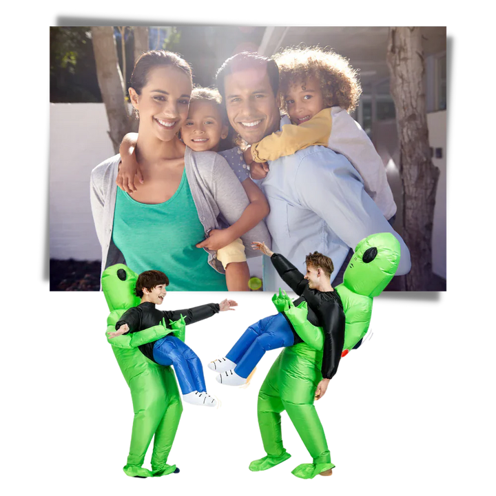 Full view of the unisex inflatable alien abduction costume, vibrant and ready for Halloween trick-or-treating fun.