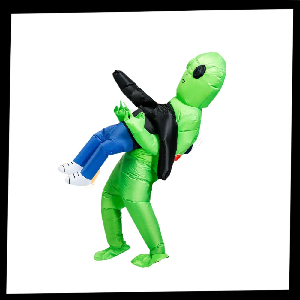 Exciting inflatable alien abduction costume in action, bringing humor & uniqueness to any Halloween party or event.