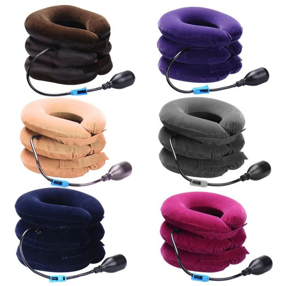 Inflatable neck support pillow for home cervical traction therapy & pain management.