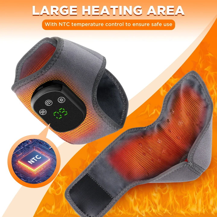 Portable joint pain relief massager with infrared heat, vibration, and warm compress features.