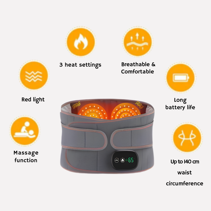Portable infrared heating waist massager belt. Eases back pain, muscle tension relief for daily comfort & wellness.