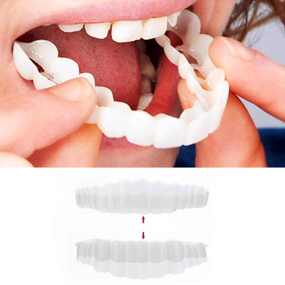 Unisex instant smile veneer kit for upper and lower teeth. Get a perfect smile with these temporary cosmetic teeth.