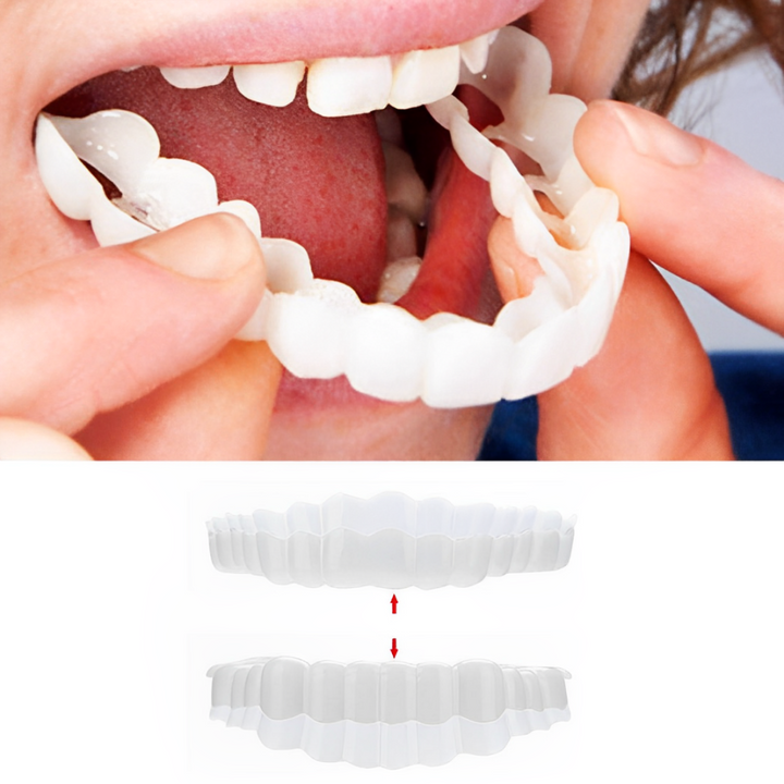 Unisex instant smile veneer kit for upper and lower teeth. Get a perfect smile with these temporary cosmetic teeth.