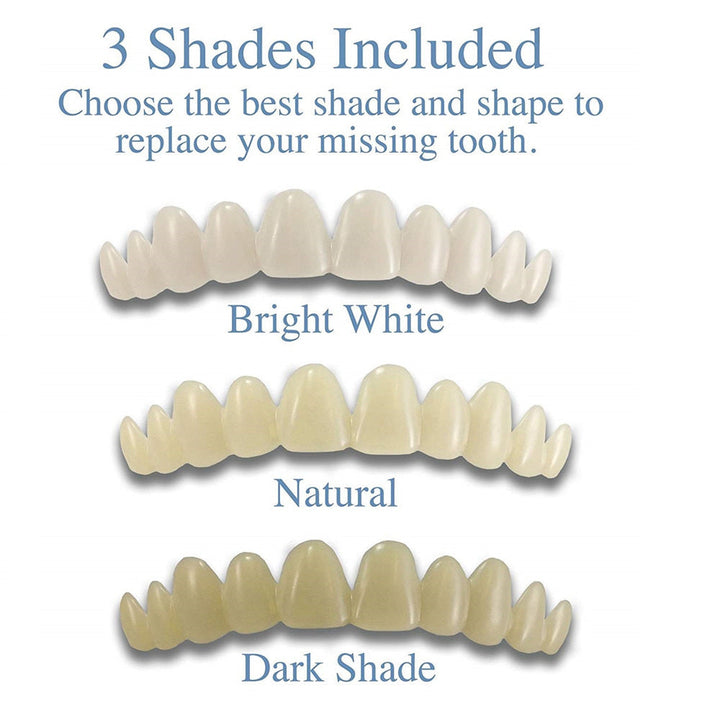 Easy application temporary false teeth veneers, providing an instant smile and improved teeth aesthetic at home.