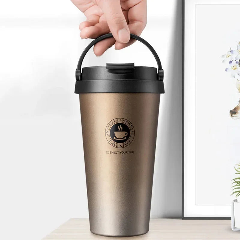 Leak-proof BPA-free stainless steel insulated travel mug for hot coffee or cold water.