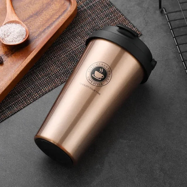 Leak-proof insulated travel mug, perfect for commuters; ensures spill-free hot coffee or cold drinks.