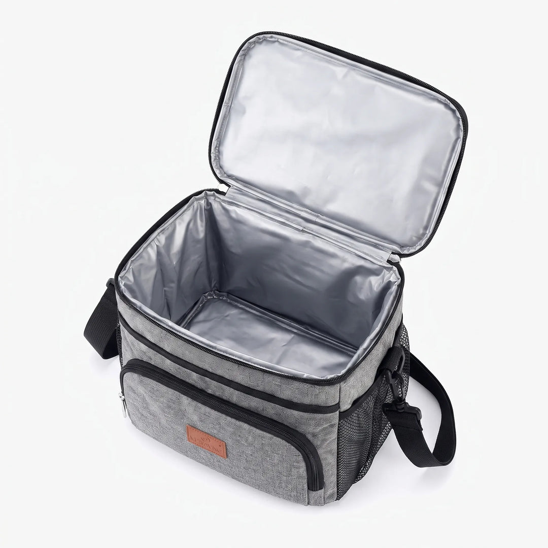 Durable insulated cooler bag for camping, hiking, & beach trips. Keeps drinks & food cold. Unisex design.