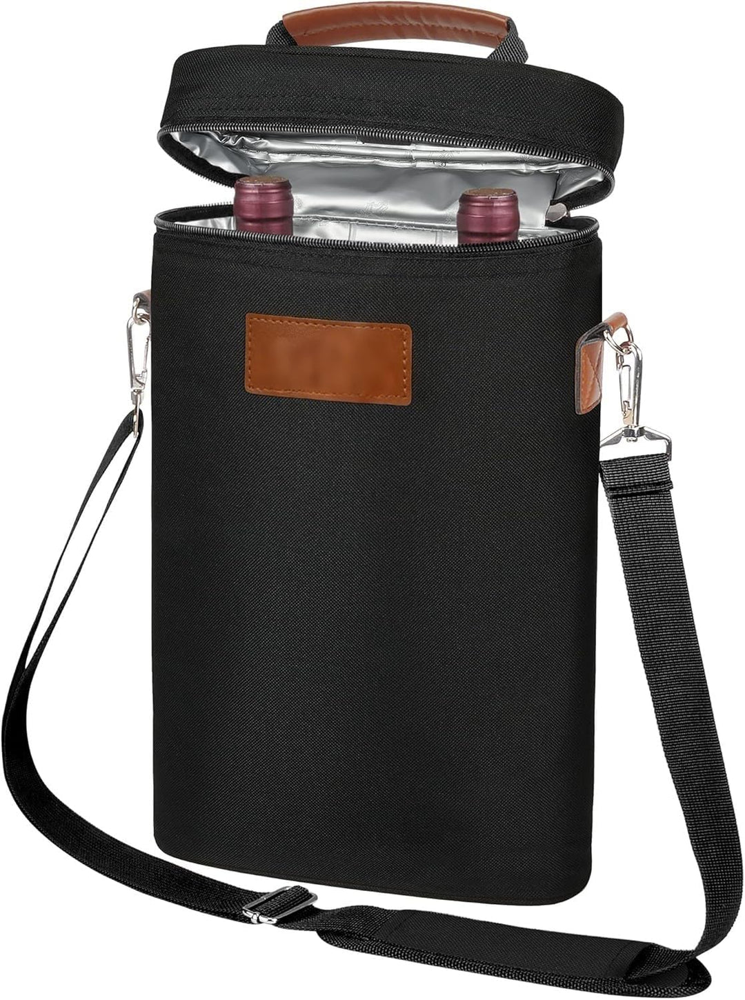 Unisex insulated dual wine bottle carrier bag in black, perfect for travel & picnics. Durable beverage cooler tote.