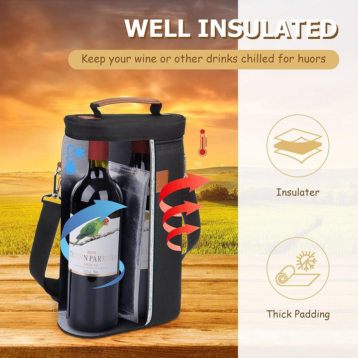 Close-up of durable, water-resistant fabric on a unisex insulated wine bottle carrier bag. Travel ready design.