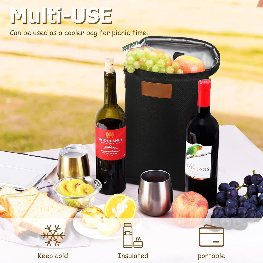 Dual wine bottle carrier tote, insulated. Holds two standard wine bottles; ideal for outdoor events.