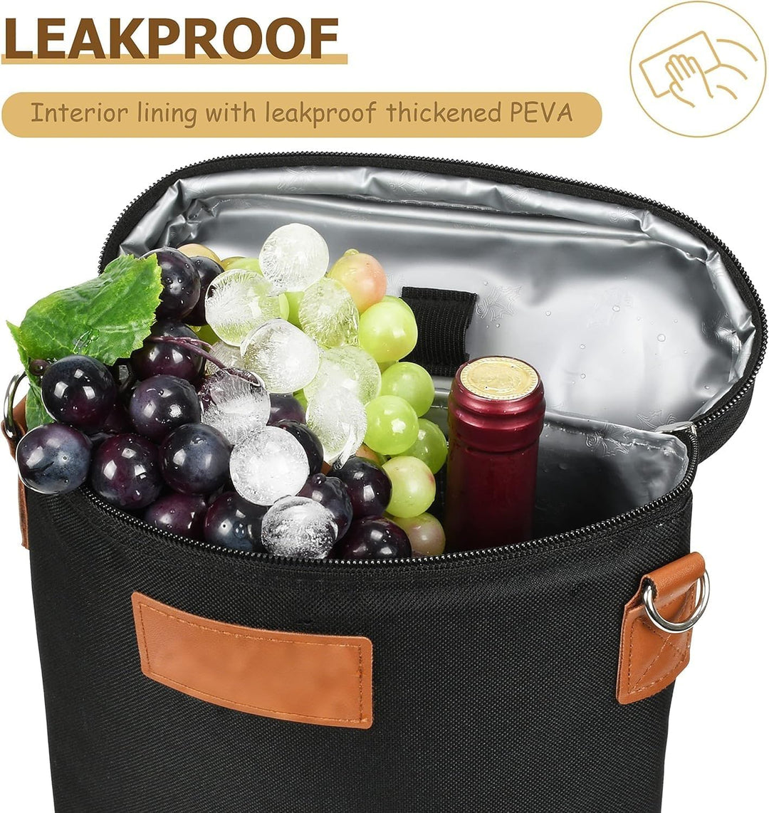 Black unisex insulated wine bag with zippered closure & shoulder strap for easy, secure transport.