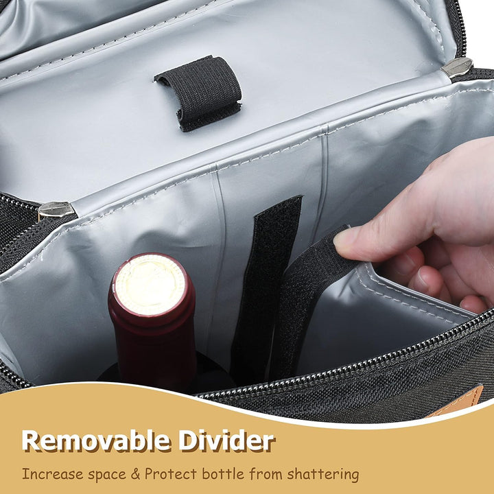 Durable wine cooler tote, padded interior. Keeps two wine bottles chilled for picnics, gifts.