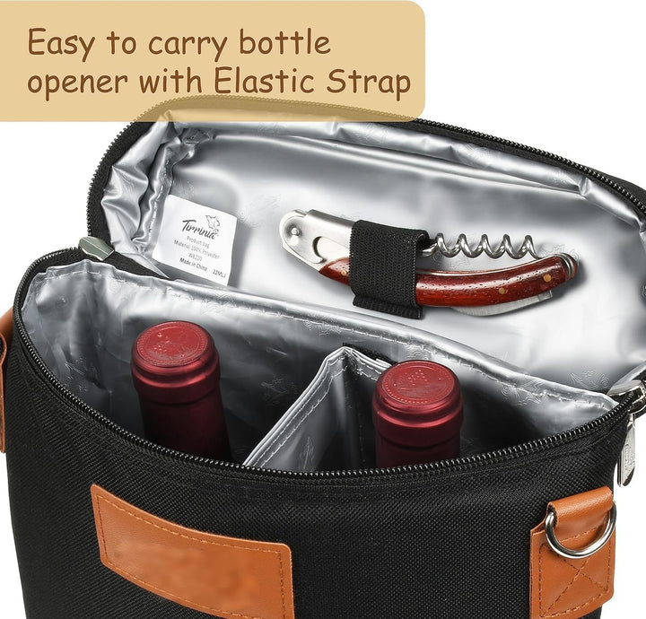 Unisex dual wine bottle cooler bag, empty and open, displaying insulated lining – a must-have outdoor gear.