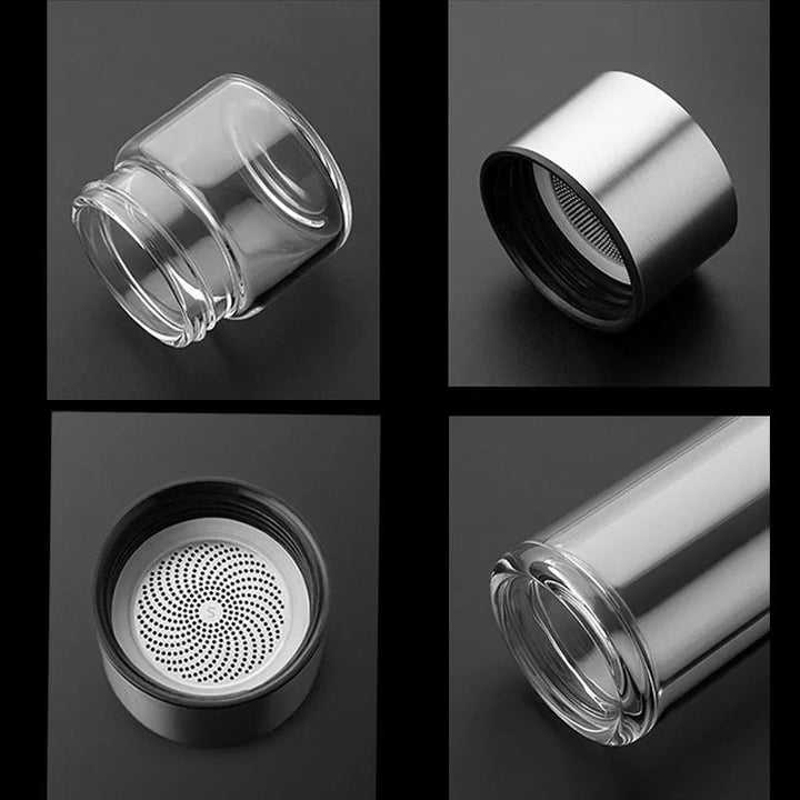 Eco-friendly reusable glass water bottle with infuser, a sustainable choice for daily hydration & travel.