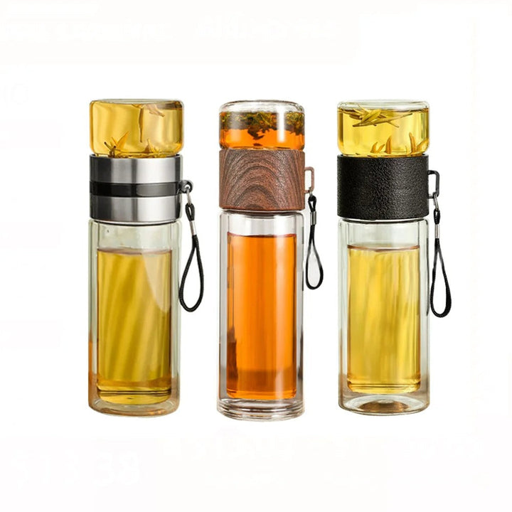Portable insulated glass travel mug with tea infuser, perfect for commuting, office, or outdoor adventures.