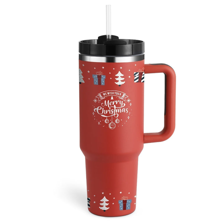 Hot beverage insulated mug with handle & straw. Enjoy warm coffee or tea anytime, anywhere.